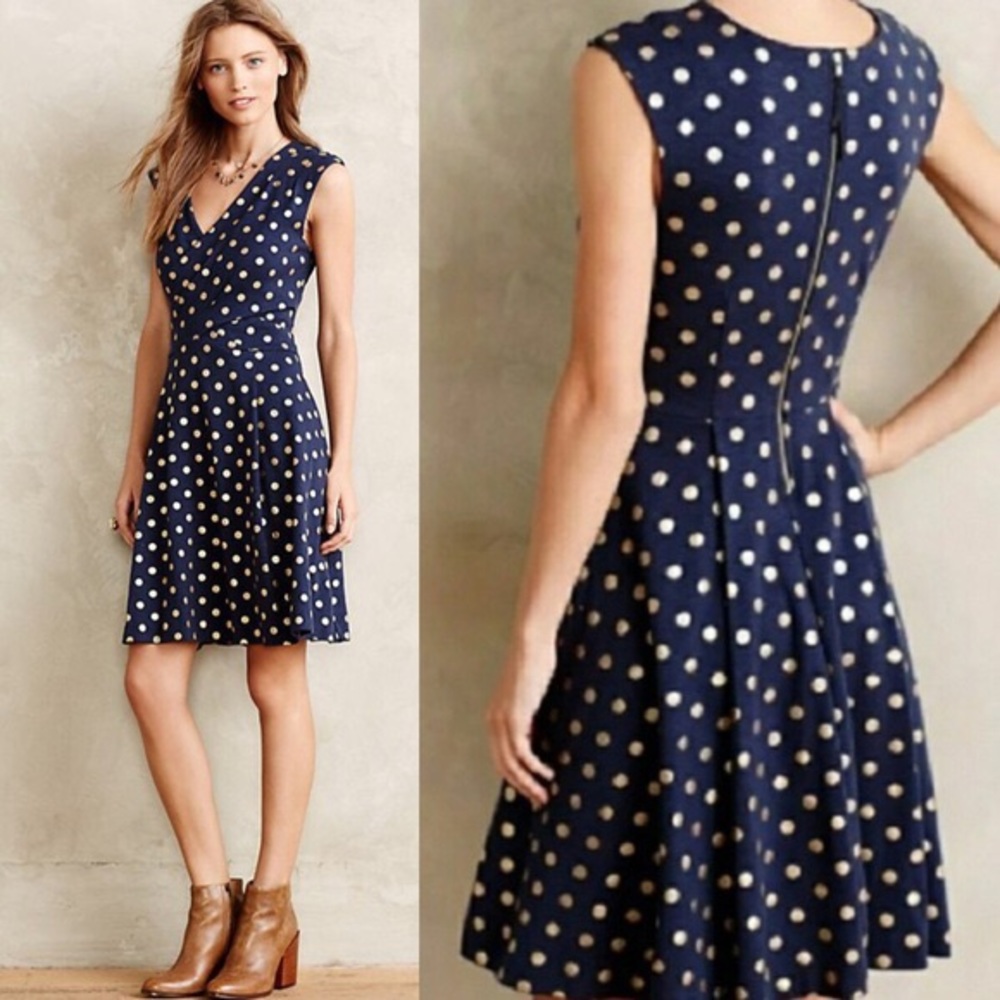 Anthropologie Maeve Ophira gold polka dot dress